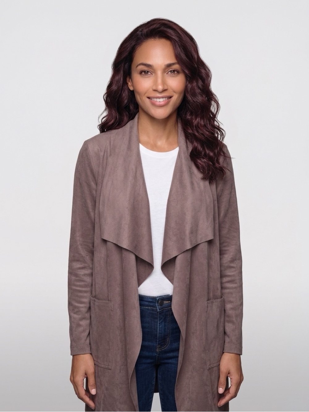 Carolina Belle Suede-Like Taupe Open Jacket - Picture 4 of 7